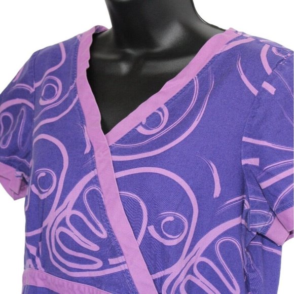 Koi Small Purple Modern Swirling Mock Wrap Kimono Style Medical Scrub Top Nurse - Picture 7 of 11